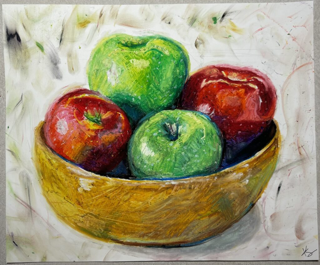 Oil pastel artwork featuring a bowl of 4 apples, 2 of them red and 2 of them green.