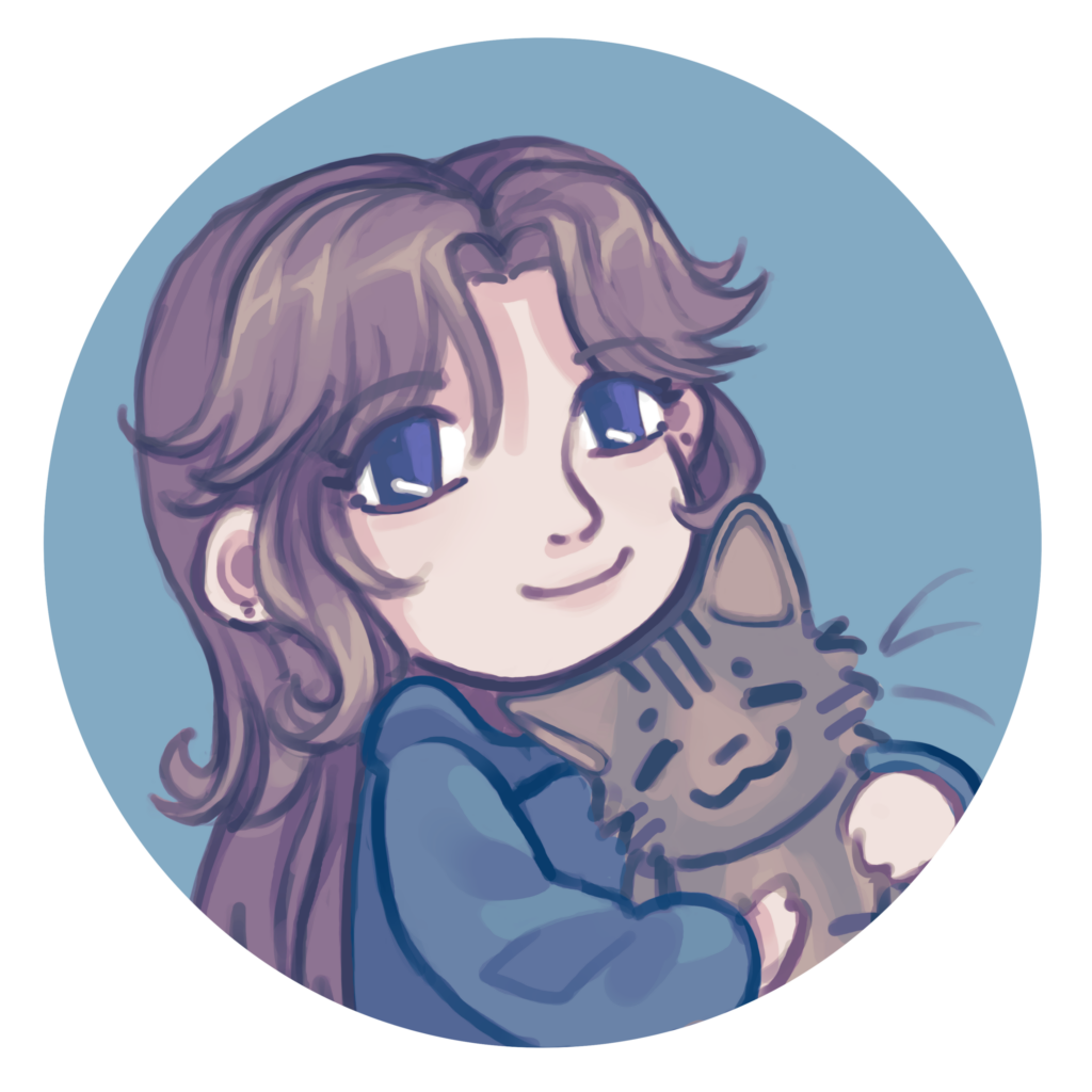 Circular cartoon profile picture of myself holding my cat